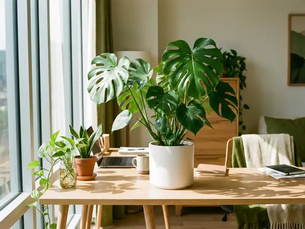 Monstera deliciosa met glanzende gespleten bladeren in witte keramische pot op modern kantoorbureau met slangplant en pothos