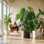 Monstera deliciosa met gespleten bladeren in moderne kantoorhoek met Kentia palmen en Paradijsvogelbloem in witte planters