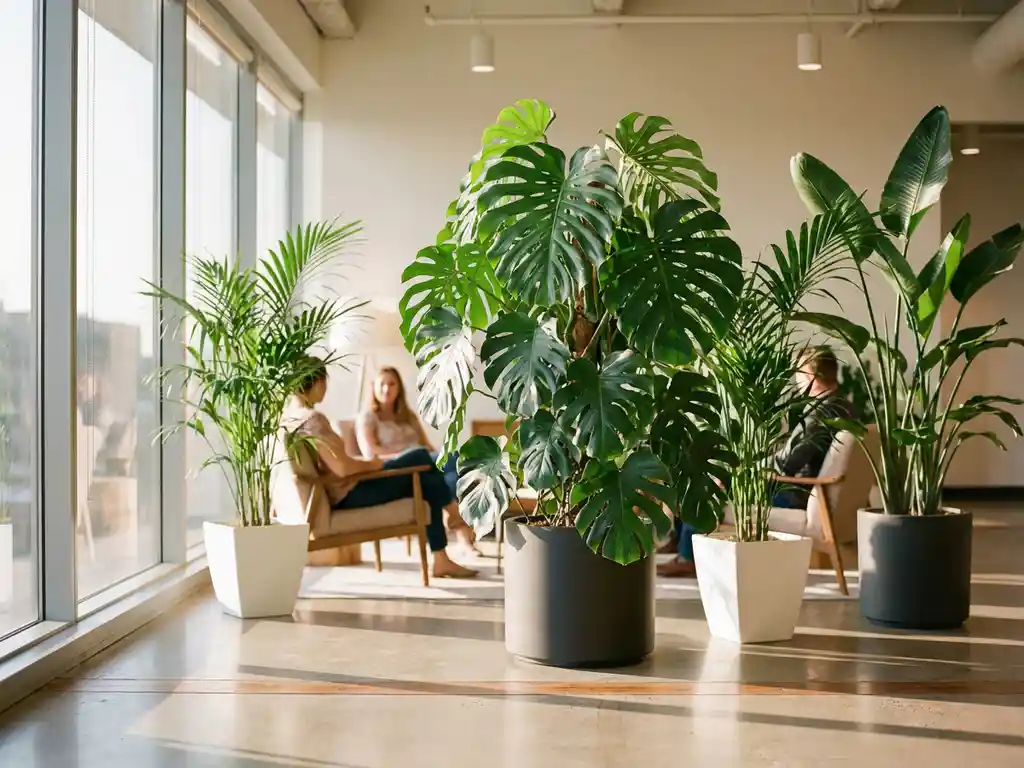 Monstera deliciosa met gespleten bladeren in moderne kantoorhoek met Kentia palmen en Paradijsvogelbloem in witte planters