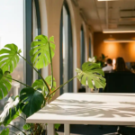 Monstera deliciosa met glanzende gespleten bladeren strekt zich uit naar natuurlijk raam licht in modern kantoor