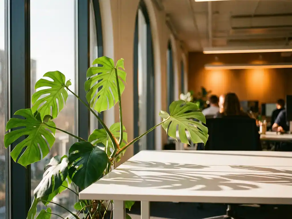 Monstera deliciosa met glanzende gespleten bladeren strekt zich uit naar natuurlijk raam licht in modern kantoor