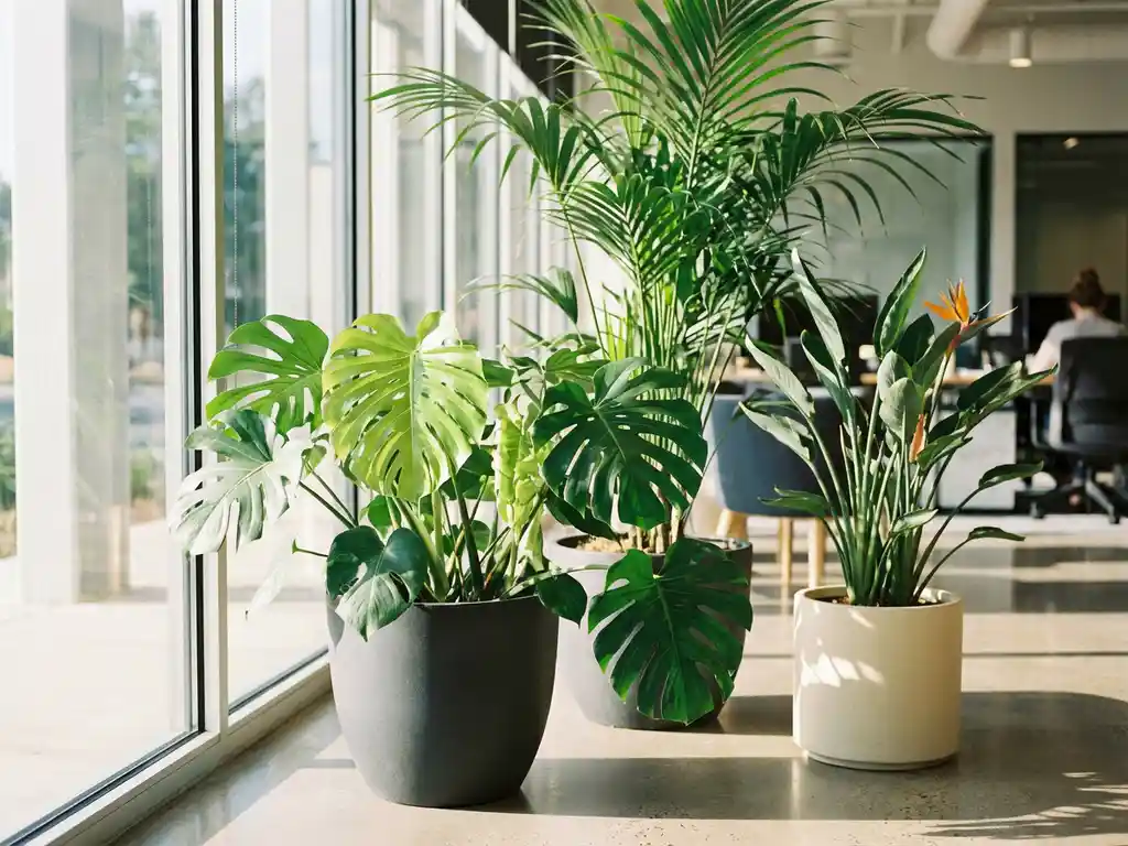 Monstera deliciosa met glanzende nieuwe bladeren naast Kentia palm en Strelitzia in moderne plantenbakken bij kantoorvensters