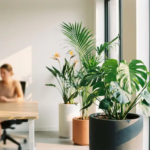 Monstera deliciosa met gespleten bladeren naast Kentia palm en Strelitzia in moderne kantooromgeving bij raam