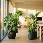 Monstera deliciosa met gespleten bladeren in antraciet plantenbak naast moderne witte bureaus in licht kantoor