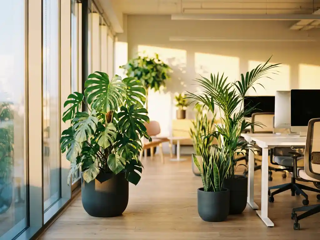 Monstera deliciosa met gespleten bladeren in antraciet plantenbak naast moderne witte bureaus in licht kantoor