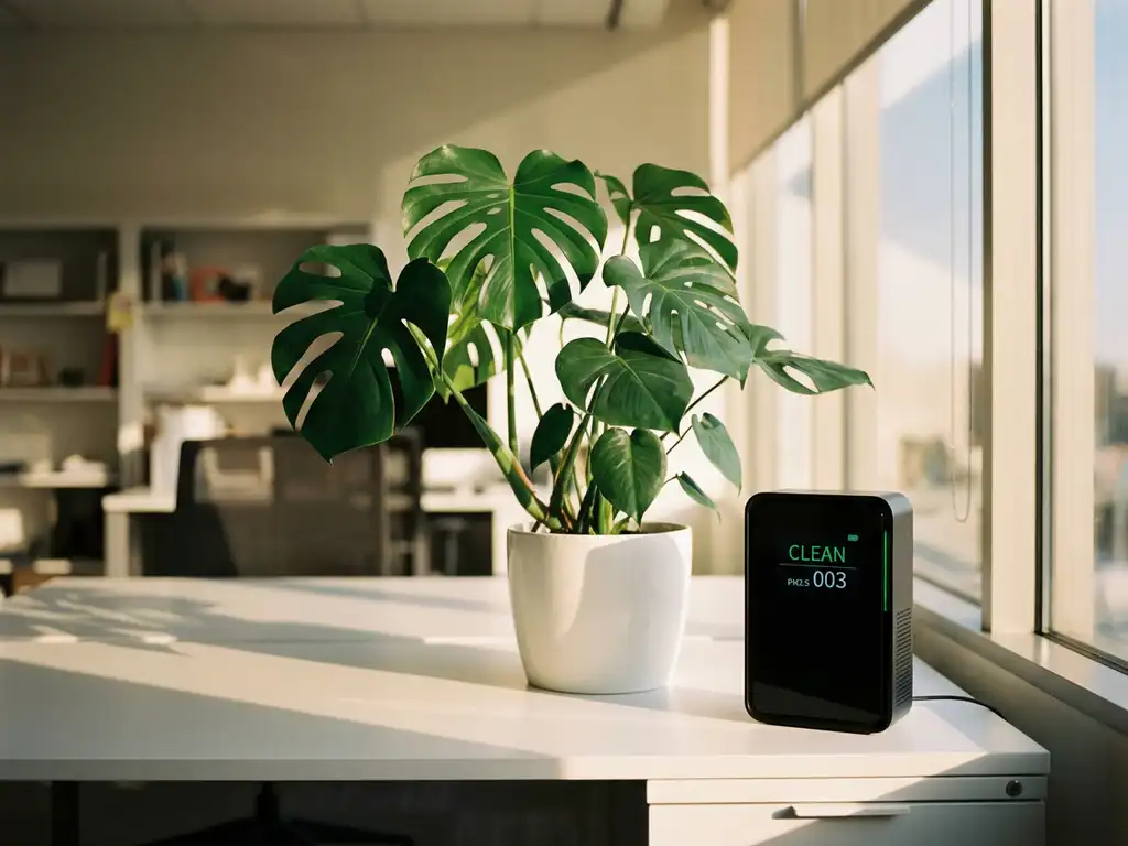 Monstera deliciosa plant naast luchtkwaliteitsmeter op wit bureau bij raam met natuurlijk zonlicht