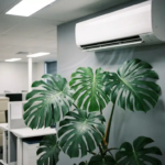 Monstera deliciosa plant met glanzende donkergroene bladeren onder witte airconditioning in moderne kantooromgeving