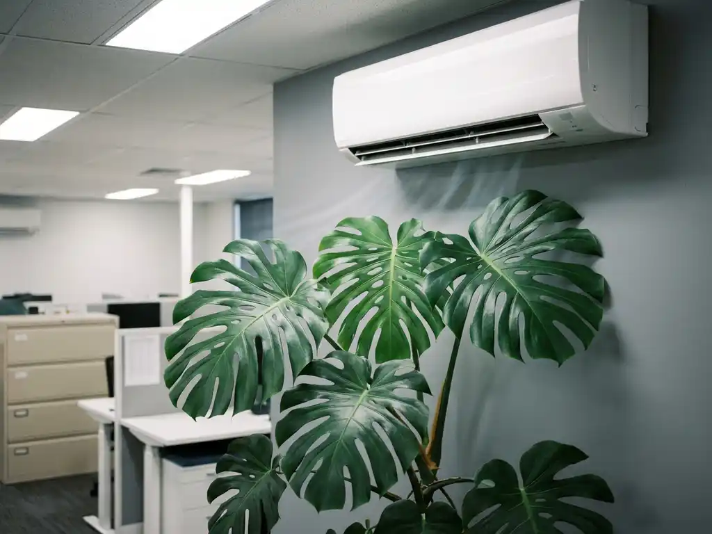 Monstera deliciosa plant met glanzende donkergroene bladeren onder witte airconditioning in moderne kantooromgeving