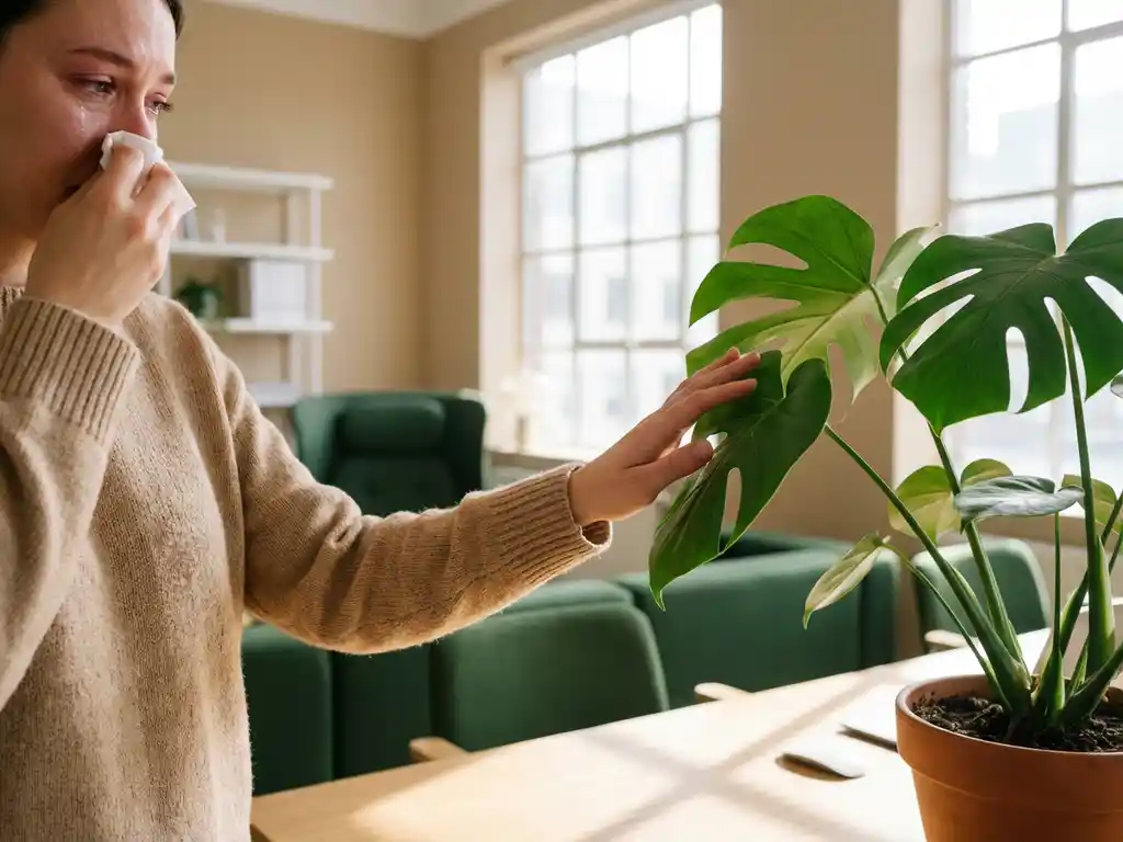 Persoon met waterige ogen en tissue bij neus staat naast grote Monstera deliciosa plant in modern kantoor