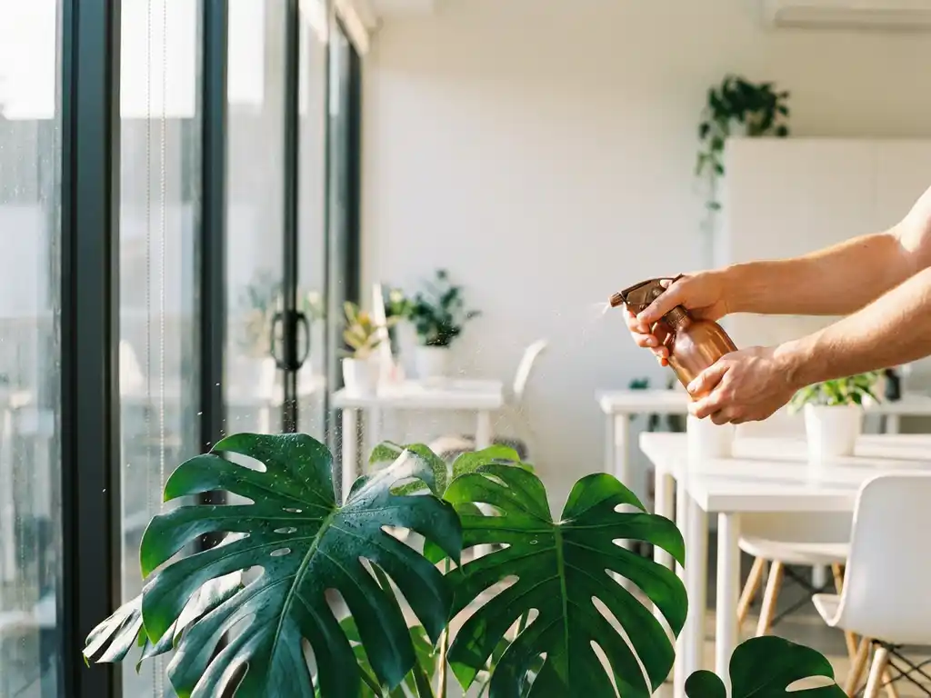 Handen die een grote Monstera deliciosa plant besproeien met koperen spuitfles in modern kantoor met ochtendlicht