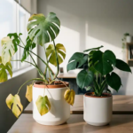 Verwelkte Monstera deliciosa met gele bladeren naast gezonde vervangingsplant in witte potten op kantoorbureau bij raam