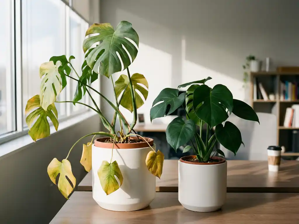 Verwelkte Monstera deliciosa met gele bladeren naast gezonde vervangingsplant in witte potten op kantoorbureau bij raam
