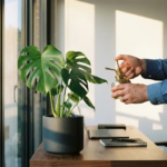 Handen sproeien Monstera deliciosa plant met messing spuitfles op modern kantoorbureau bij raam met ochtendlicht
