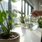 Glazen gieter giet water op donkere aarde van grote Monstera deliciosa plant op wit bureau in modern kantoor