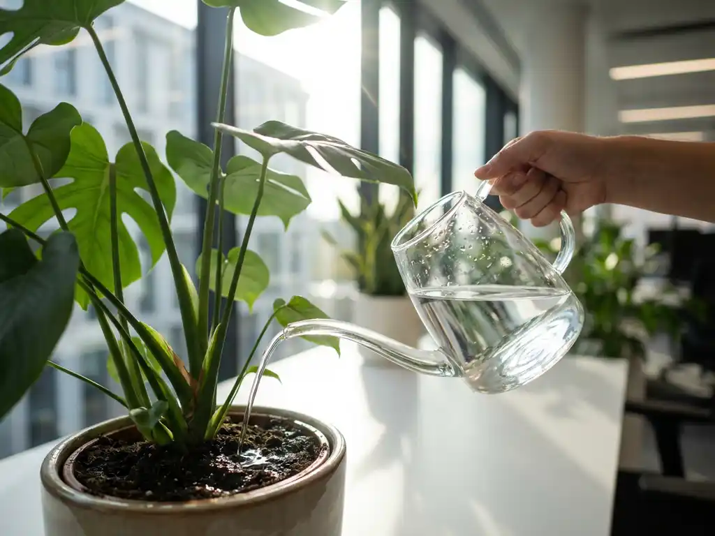 Glazen gieter giet water op donkere aarde van grote Monstera deliciosa plant op wit bureau in modern kantoor
