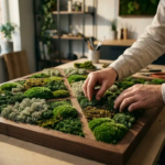 Handen die cushion moss, rendiermos en plat mos schikken in een geometrisch patroon op een houten frame, warm natuurlijk licht.