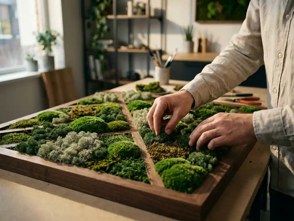 Handen die cushion moss, rendiermos en plat mos schikken in een geometrisch patroon op een houten frame, warm natuurlijk licht.
