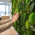 Mosswand in modern kantoor met professionele handen die groene mostextuur onderzoeken voor onderhoud
