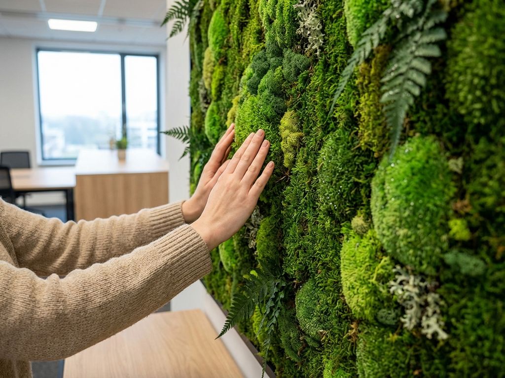 Mosswand in modern kantoor met professionele handen die groene mostextuur onderzoeken voor onderhoud