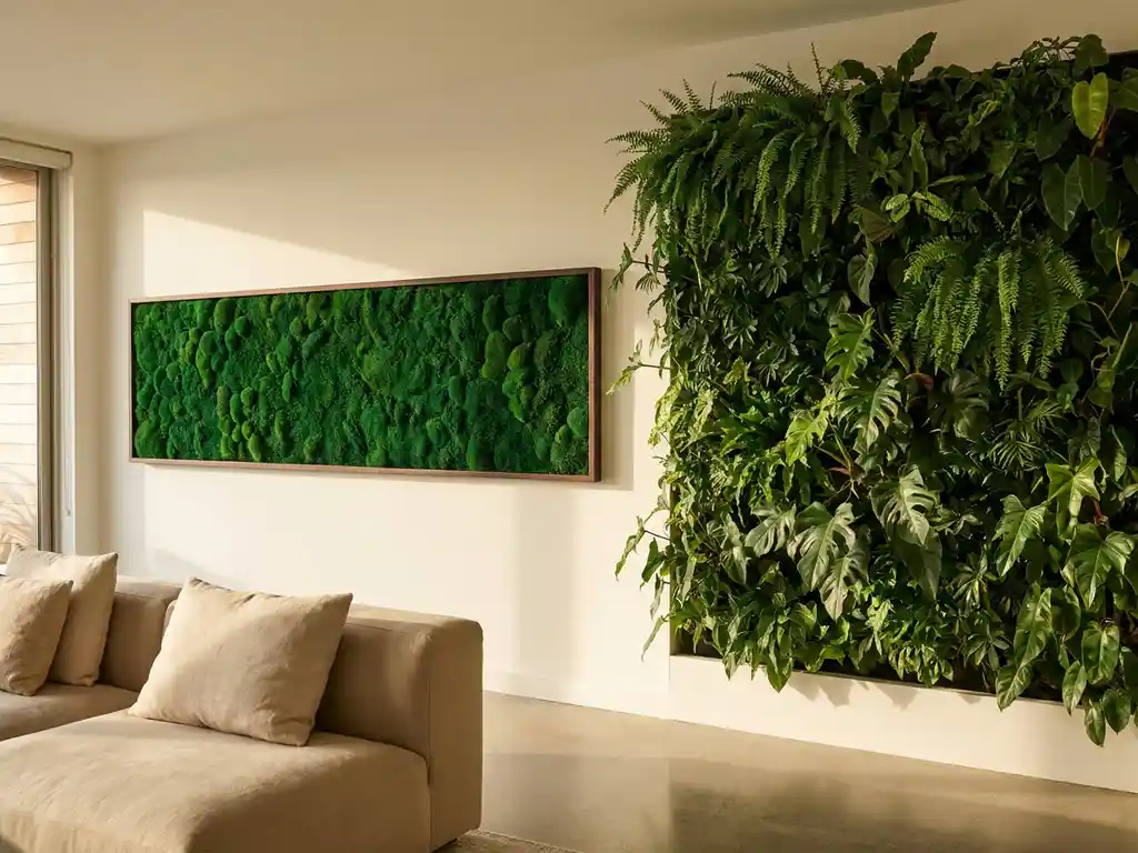 Geconserveerd mossenpaneel naast een levende groene plantenwand in modern interieur, met warme natuurlijke belichting en smaragdgroene tinten.