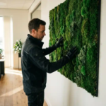 Installateur die groene mospanelen op een witte binnenmuur bevestigt, met warme houten vloer op de achtergrond.