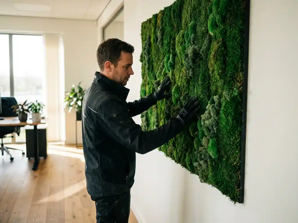 Installateur die groene mospanelen op een witte binnenmuur bevestigt, met warme houten vloer op de achtergrond.