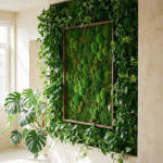 Mossschilderij van cushionmos in smaragdgroen naadloos geïntegreerd in een levende plantenwall met pothos en Monstera in modern interieur.