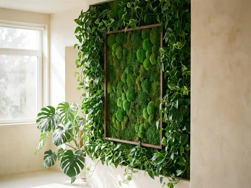 Mossschilderij van cushionmos in smaragdgroen naadloos geïntegreerd in een levende plantenwall met pothos en Monstera in modern interieur.