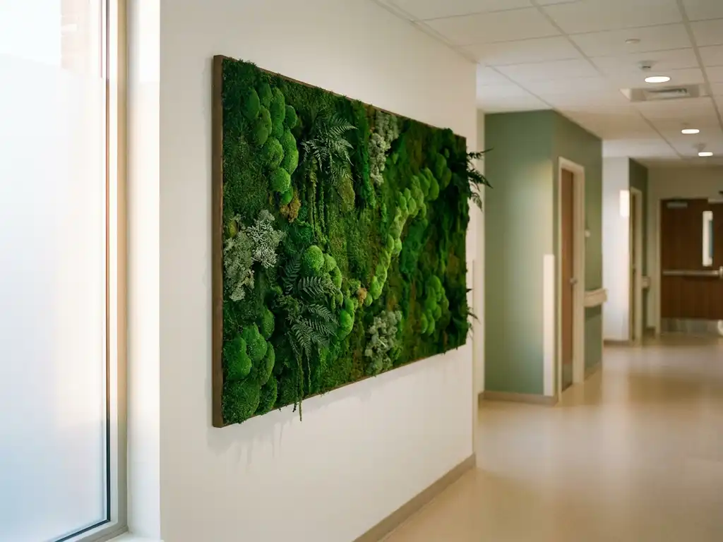 Levend moskunstwerk in smaragdgroene tinten aan witte muur van zorginstelling, verlicht door warm natuurlijk licht.