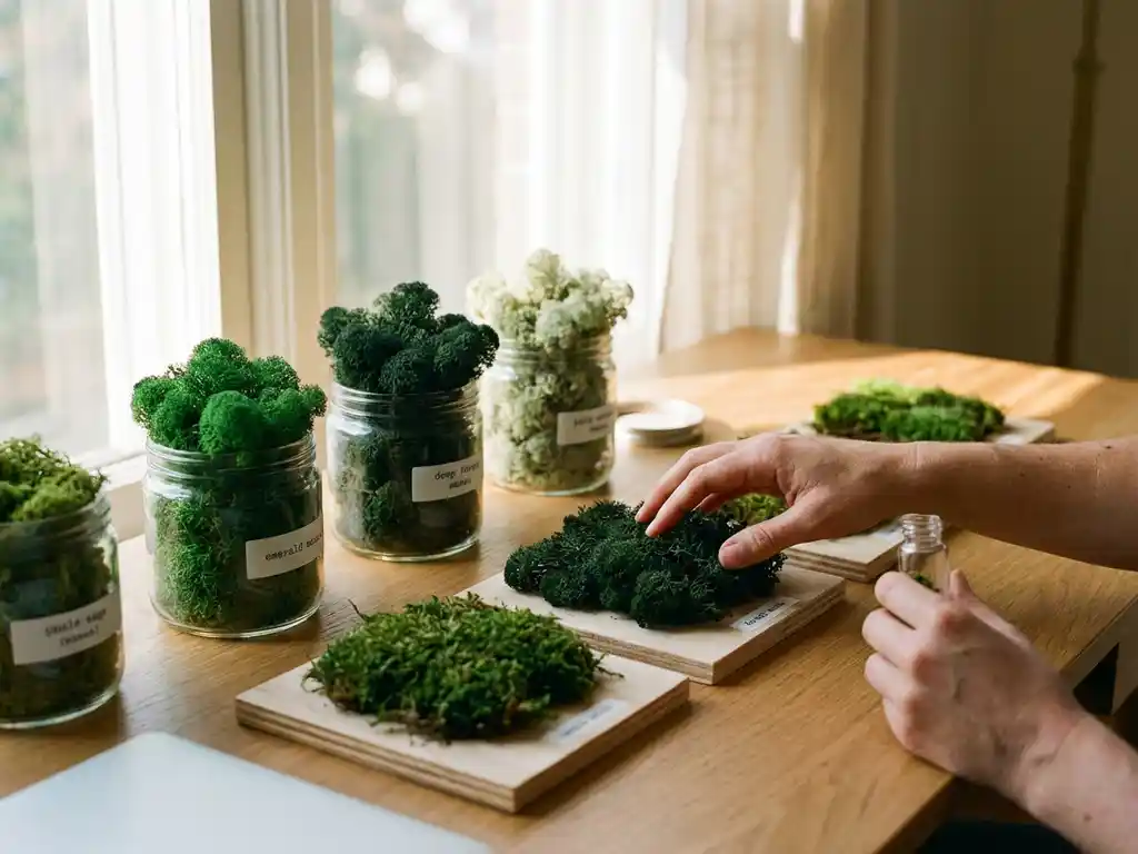 Verschillende mossoorten gerangschikt op witte werkruimte met glazen containers en houten stalen, natuurlijk licht