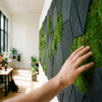 Groene moswand geïntegreerd met geometrische akoestische schuimpanelen in moderne kantooromgeving met natuurlijk daglicht