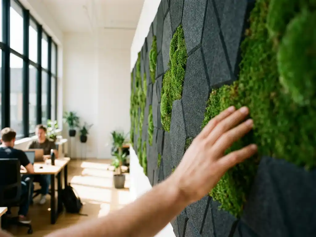 Groene moswand geïntegreerd met geometrische akoestische schuimpanelen in moderne kantooromgeving met natuurlijk daglicht