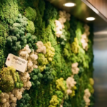 Brandveiligheidsinspectielabel tegen een weelderig groen mosswand paneel in een modern kantoorinterieur.