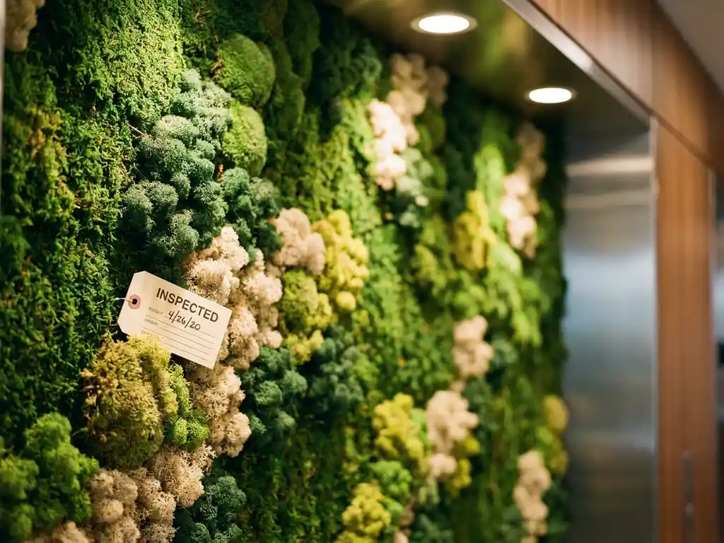 Brandveiligheidsinspectielabel tegen een weelderig groen mosswand paneel in een modern kantoorinterieur.