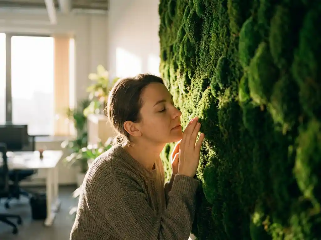 Persoon ruikt aan weelderige groene moswand in modern kantoorinterieur met natuurlijk licht
