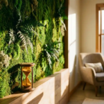 Geconserveerd mossenmuurtje met smaragdgroene texturen in modern interieur, warm zijlicht benadrukt de organische details.
