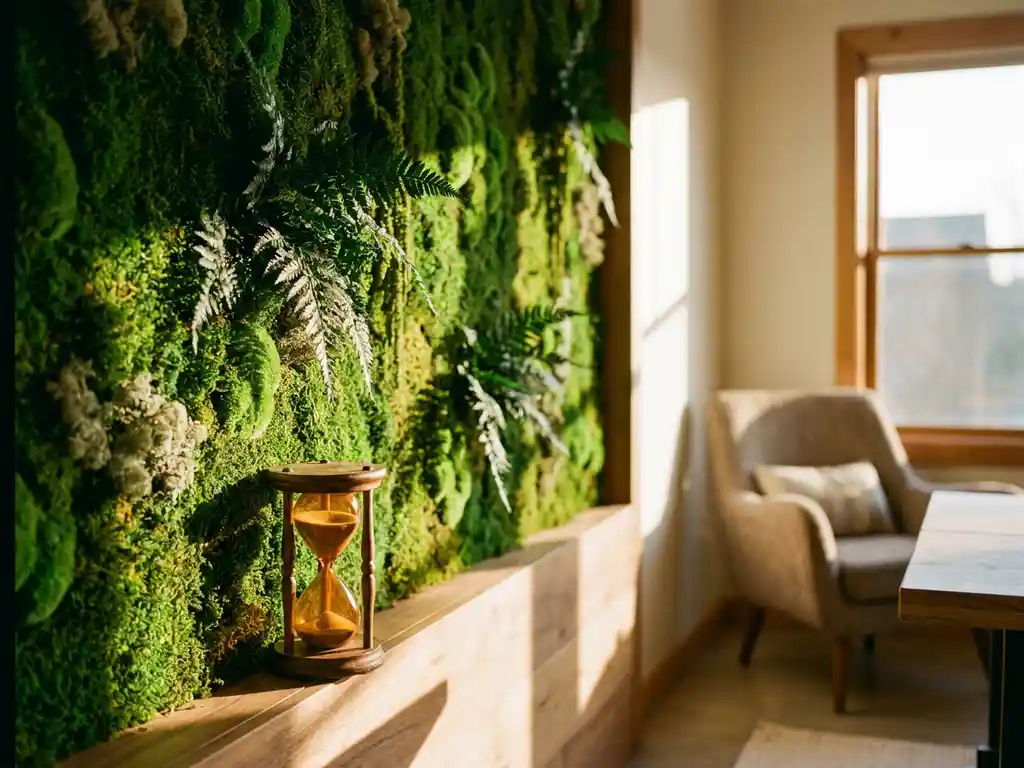 Geconserveerd mossenmuurtje met smaragdgroene texturen in modern interieur, warm zijlicht benadrukt de organische details.