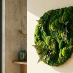 Mosswand paneel in organische logovormen met smaragdgroene en bosgroene texturen op een modern interieur.