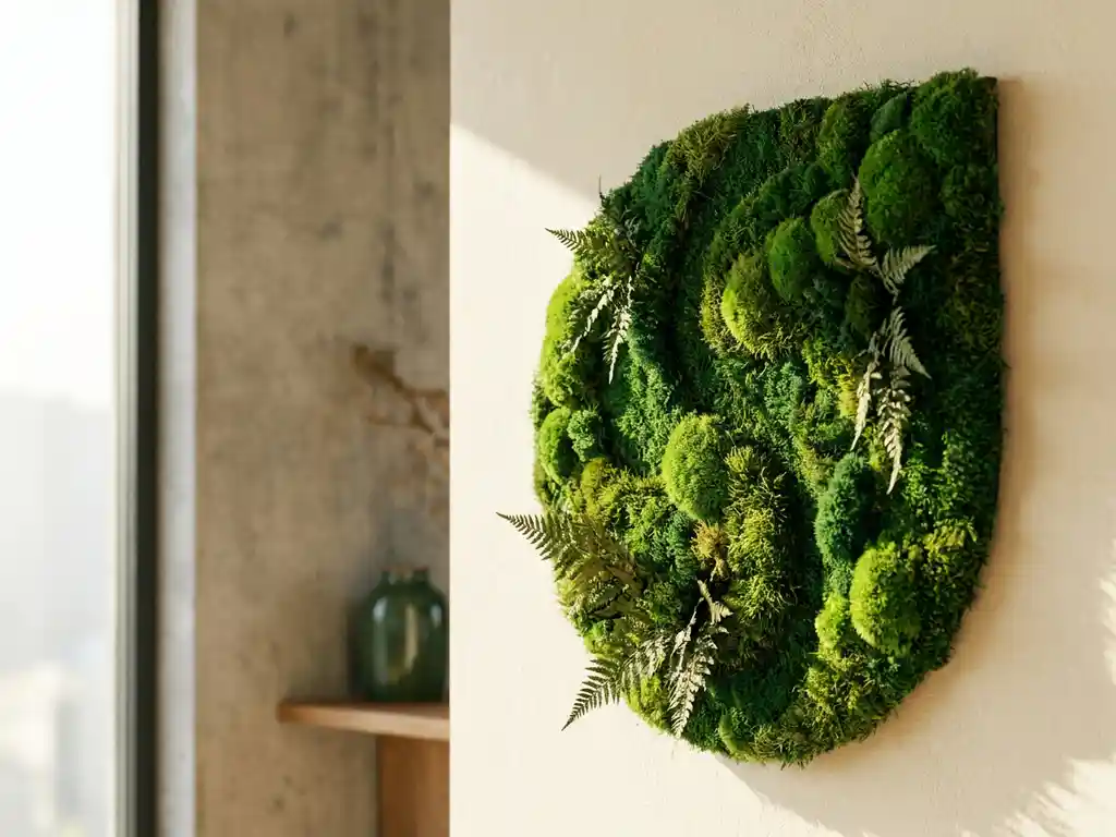 Mosswand paneel in organische logovormen met smaragdgroene en bosgroene texturen op een modern interieur.