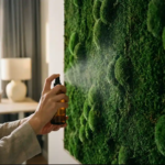 Handen besproeien een weelderig groen mosswandpaneel met een kleine spuitfles in een modern interieur.