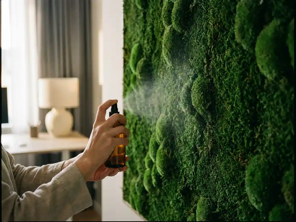 Handen besproeien een weelderig groen mosswandpaneel met een kleine spuitfles in een modern interieur.