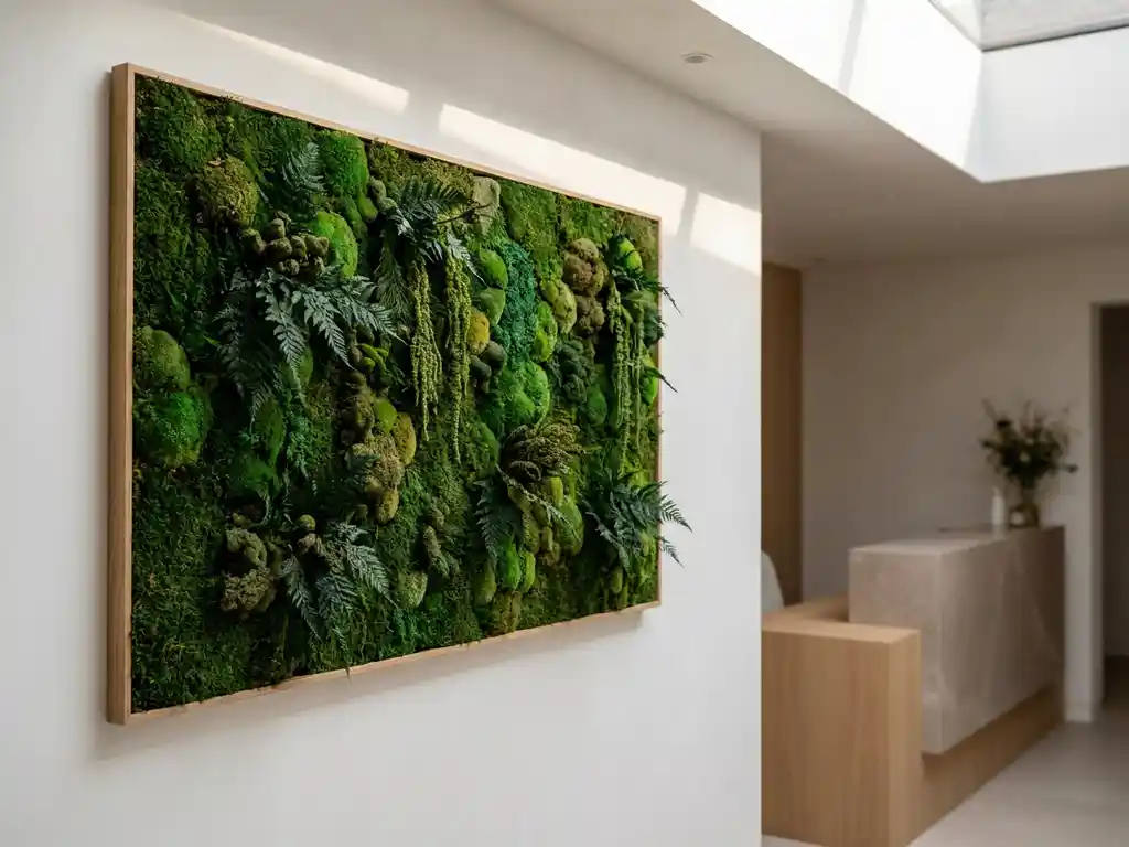 Mosswand met smaragdgroene en bosgroene texturen in een moderne, lichte entreehal met receptiebalie op de achtergrond.