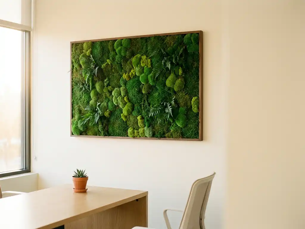 Levensecht moskunstwerk in smaragd- en bosgroen op moderne kantoorwand, met minimalistische eiken bureau en vetplant op de voorgrond.