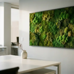 Mossschilderij met smaragdgroene en bosgroene texturen aan moderne kantoorwand, minimalistische witte bureau met keramische vaas op voorgrond.