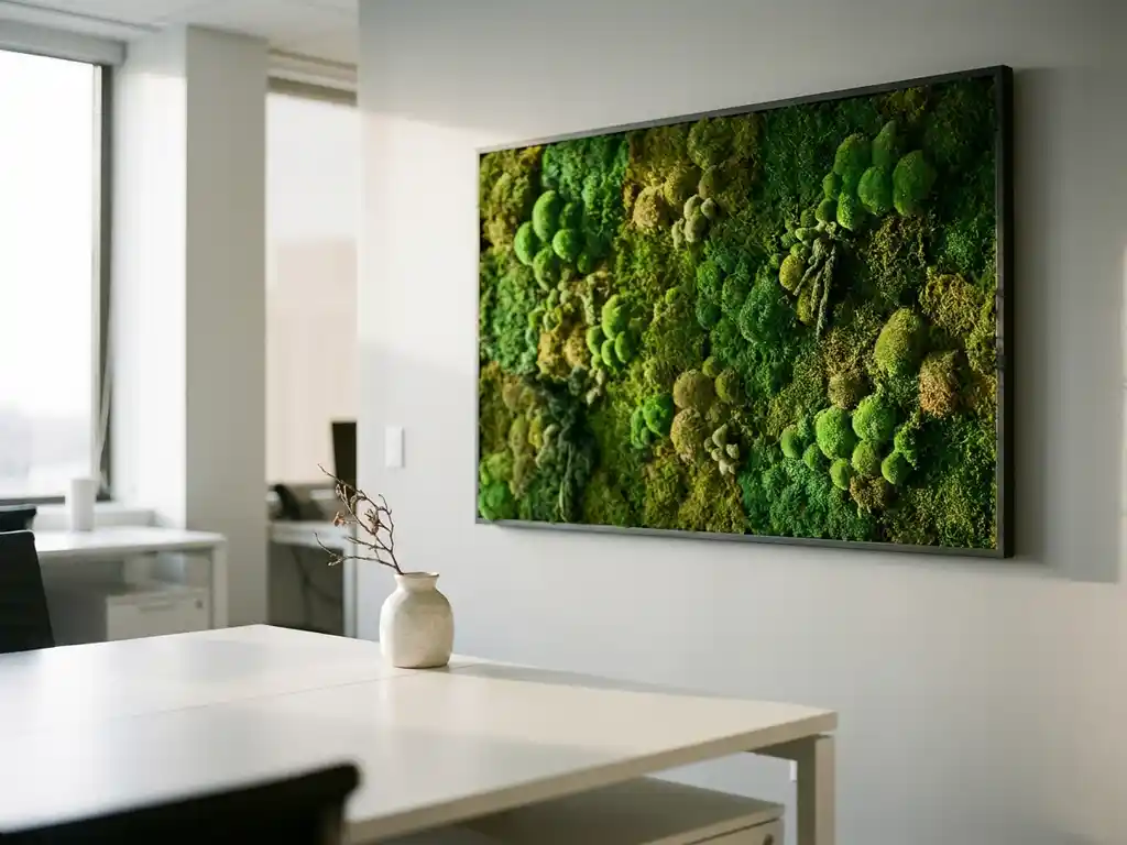 Mossschilderij met smaragdgroene en bosgroene texturen aan moderne kantoorwand, minimalistische witte bureau met keramische vaas op voorgrond.