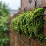 Mosswandpaneel op bakstenen buitenmuur met regendruppels op levendig groen mos in zacht bewolkt daglicht.
