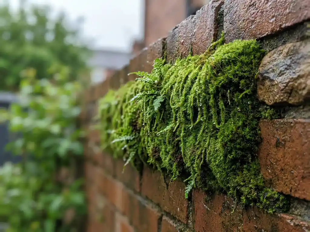 Mosswandpaneel op bakstenen buitenmuur met regendruppels op levendig groen mos in zacht bewolkt daglicht.