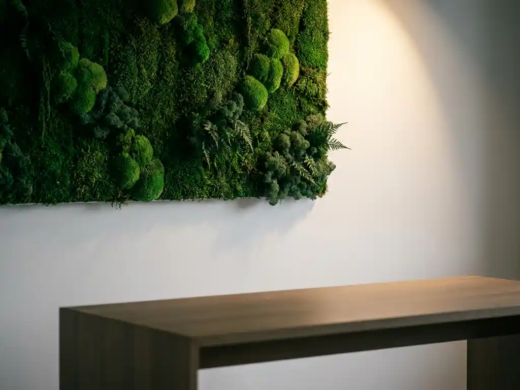 Bewaarde moskunst aan witte muur met smaragdgroene texturen, verlicht door spotlight boven modern bureau.