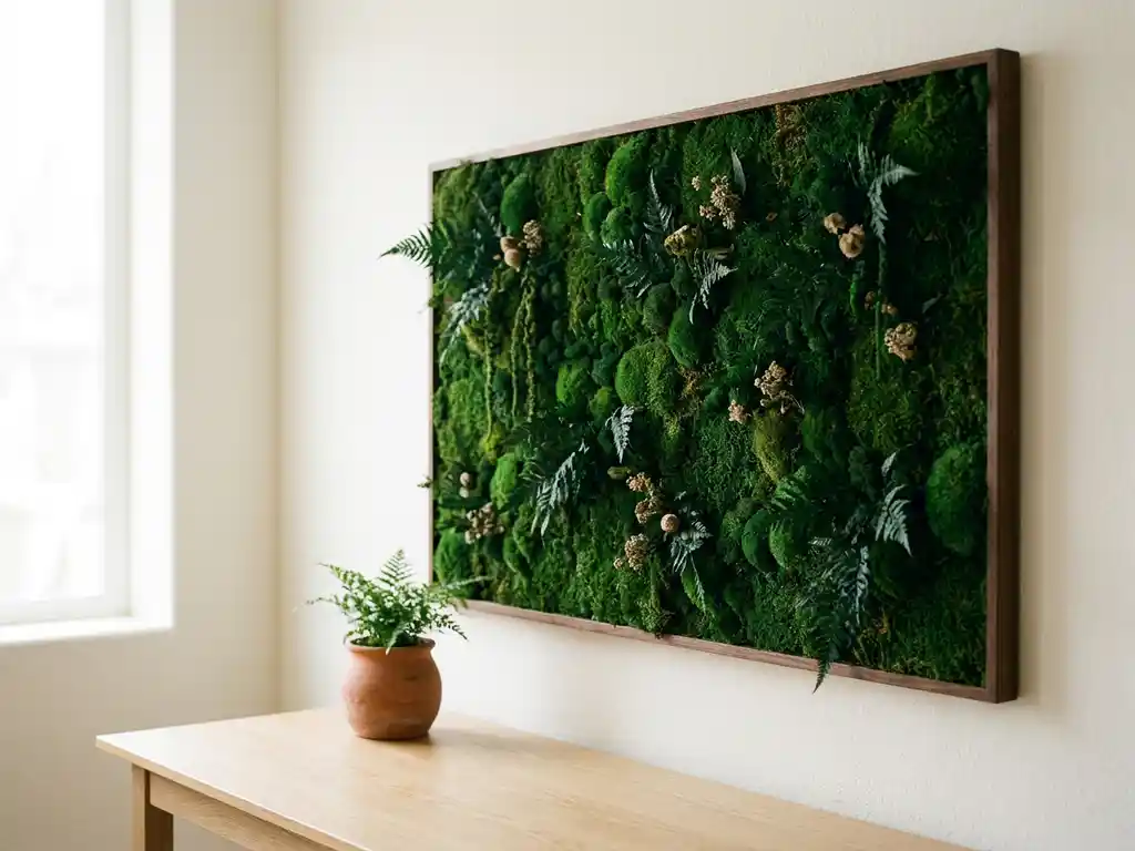 Ingelijst mospaneel met smaragdgroene texturen aan een warme witte muur, met een modern bureau en terracotta plantenpot op de voorgrond.
