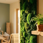 Bewaarde moswandpaneel in emerald en bosgroen in modern interieur, met klein potplantje ernaast in warm natuurlijk licht.